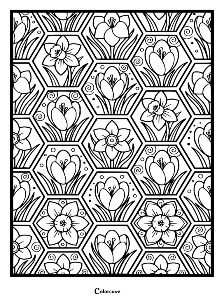 A geometric coloring page featuring a repeating honeycomb pattern filled with hand-drawn daffodils and tulips, accented with small swirls and dots.