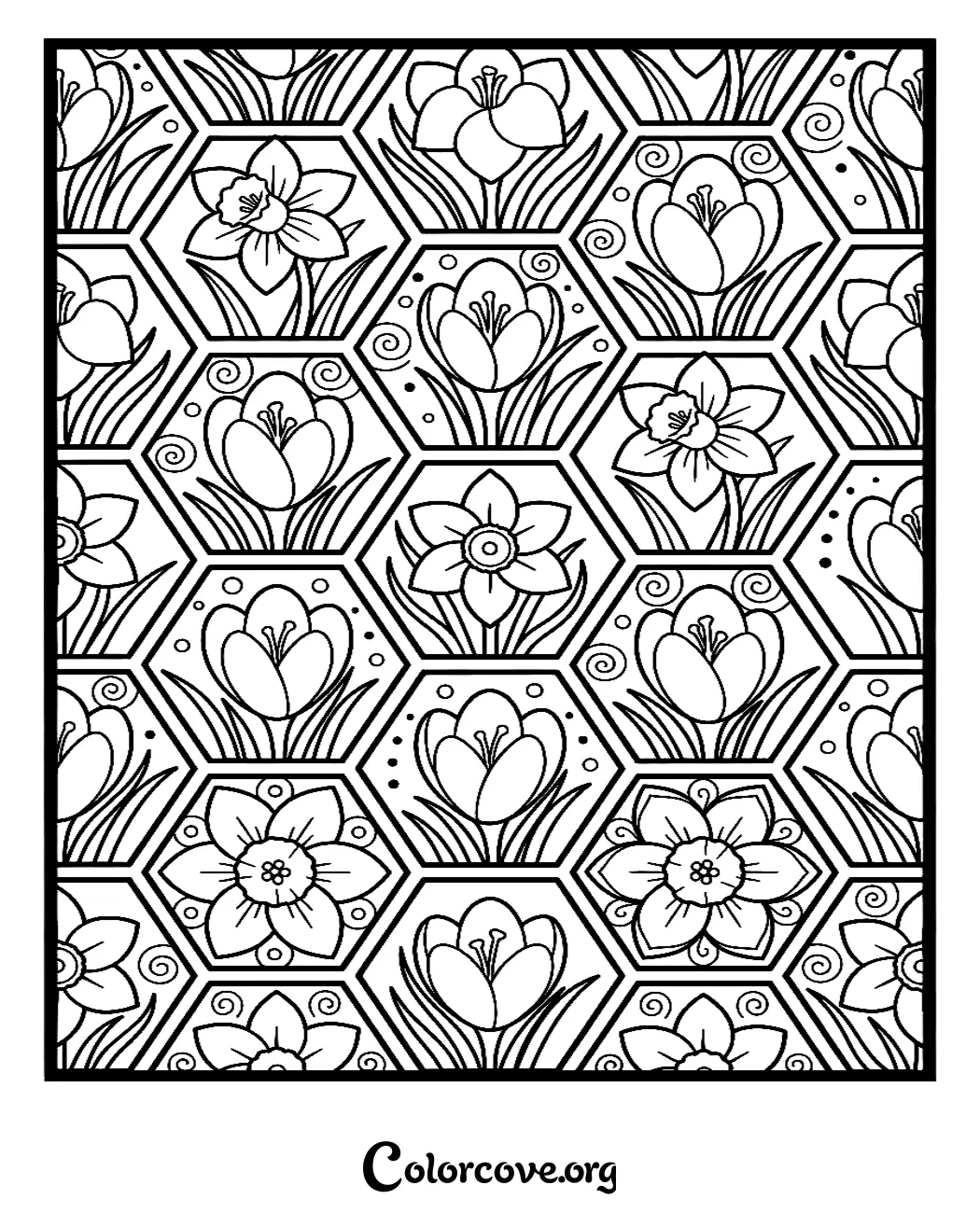 Relax and unwind with this intricate floral hexagon pattern coloring page. Perfect for adults and kids alike, this beautiful design is available to print in seconds for free.