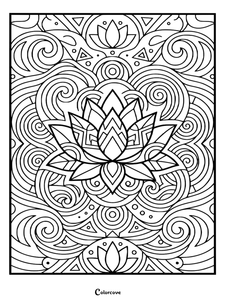 Intricate lotus flower coloring page featuring geometric petals surrounded by flowing wave patterns and decorative circles.