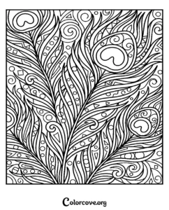 An intricate peacock feather pattern coloring page with artistic details for adults and kids to print and color.