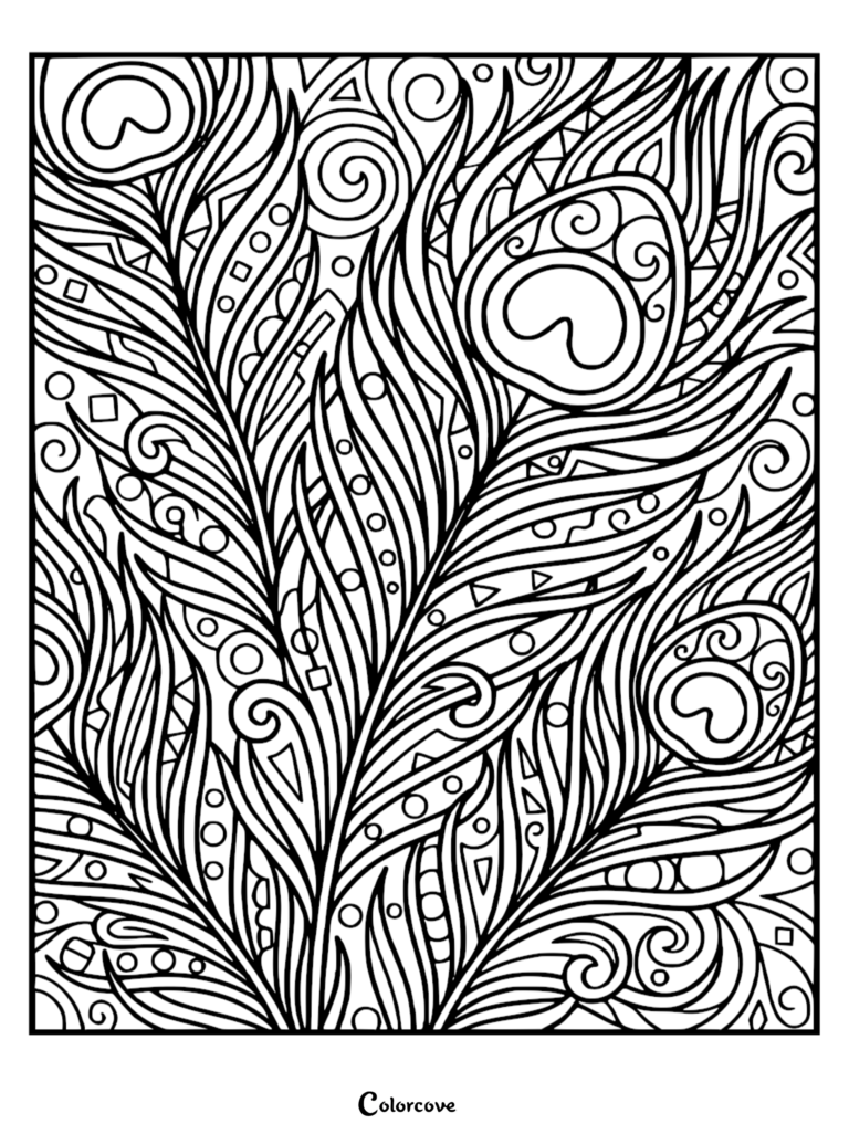 A detailed coloring page featuring a pattern of stylized peacock feathers with swirls, circles, and geometric shapes.