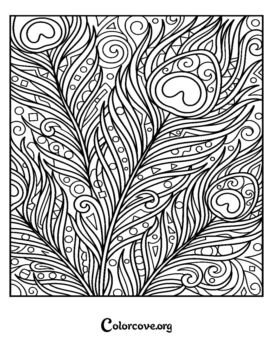 Unwind with this beautiful peacock feather pattern coloring page. Download and print this detailed, artistic design in seconds for a relaxing creative session.