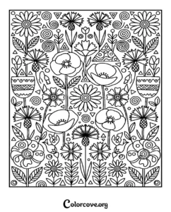 Intricate floral garden pattern coloring page featuring daisies, poppies, and geometric shapes for stress relief and adult relaxation.