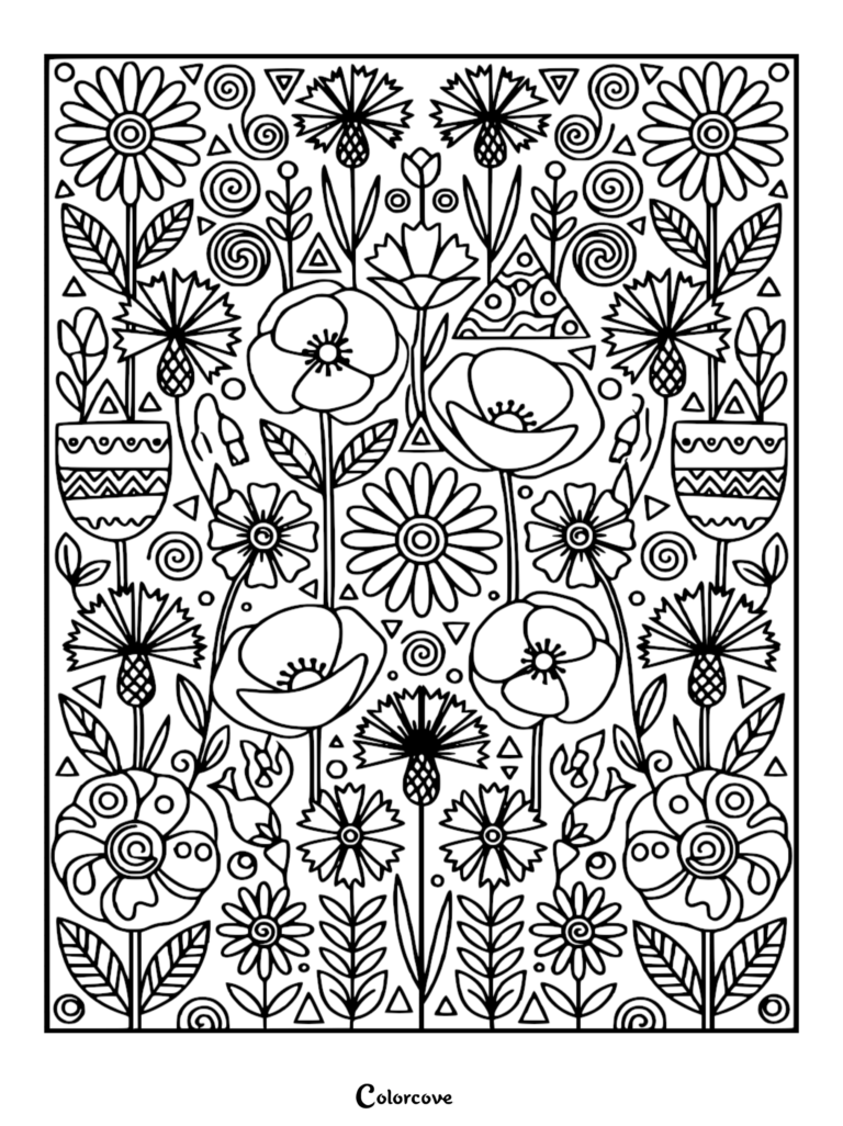 Intricate floral pattern coloring page featuring daisies, poppies, and cornflowers with geometric shapes and swirls.