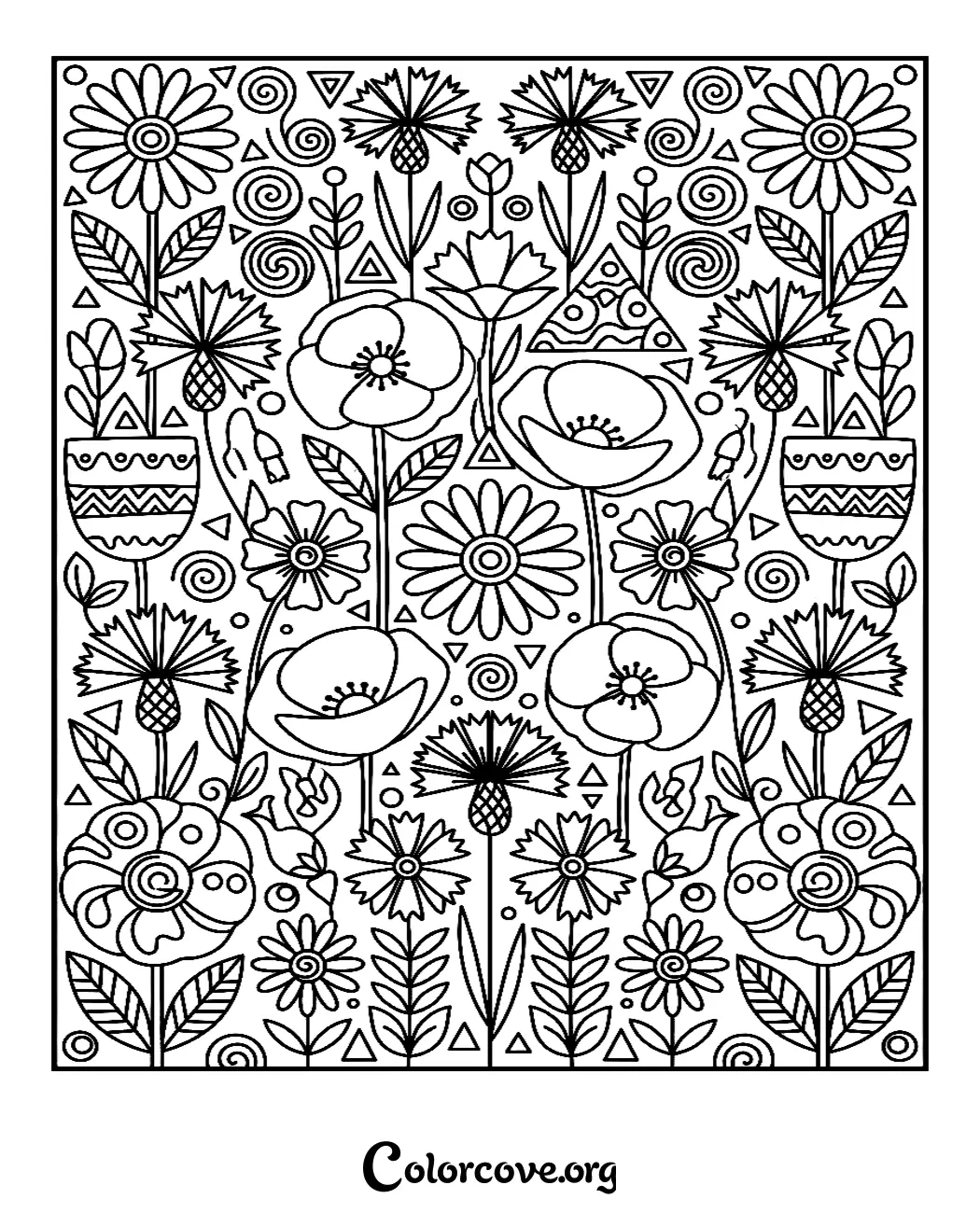 Unwind with this beautiful, intricate floral pattern coloring page featuring a variety of blooming flowers and whimsical geometric shapes. This printable sheet is perfect for mindful coloring and creative relaxation.