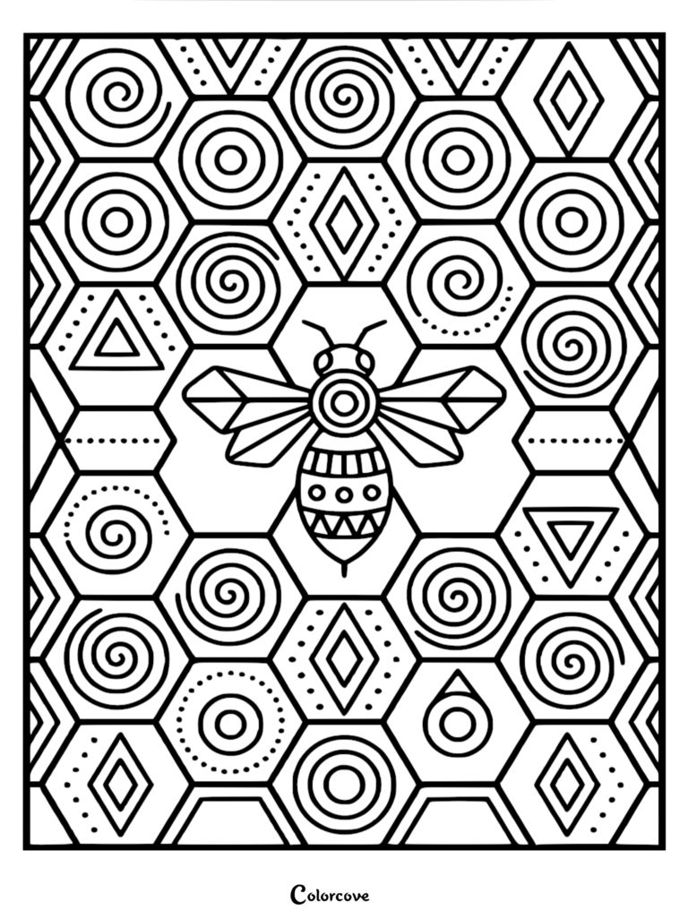A geometric coloring page featuring a stylized bee centered within a honeycomb grid filled with spirals, diamonds, and triangles.
