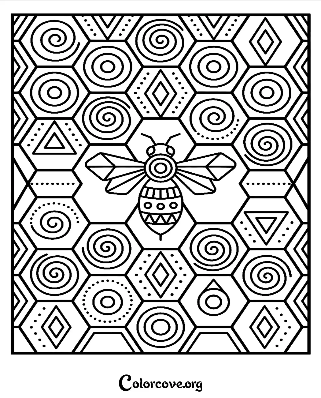 Unwind with this intricate geometric bee coloring page, perfect for those who love detailed nature-themed patterns. Print this beautiful honeycomb-inspired design for free in seconds and start your creative journey.