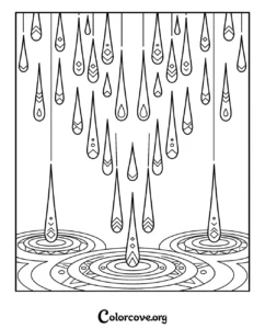 A detailed abstract pattern coloring page featuring falling raindrops splashing into circular ripples, designed for mindful coloring.