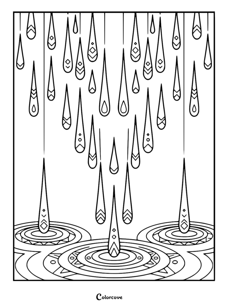 A geometric coloring page featuring stylized teardrop shapes falling into concentric circular ripples on a water surface.