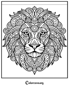 A detailed lion face coloring page with intricate mandala patterns and swirls, perfect for adult coloring enthusiasts seeking stress relief.