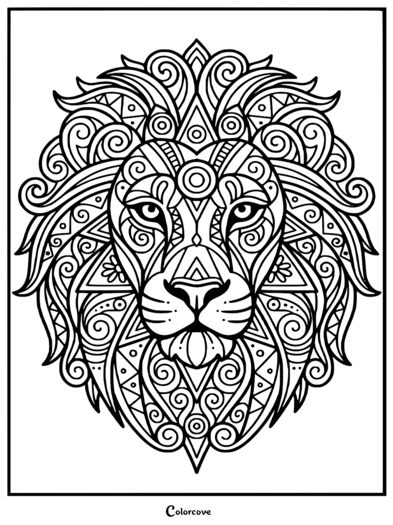 A detailed lion head coloring page featuring complex geometric shapes, swirling filigree, and tribal patterns within the mane.