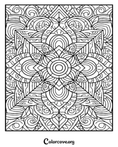 An intricate mandala-style geometric pattern coloring page for adults and kids to print and color.