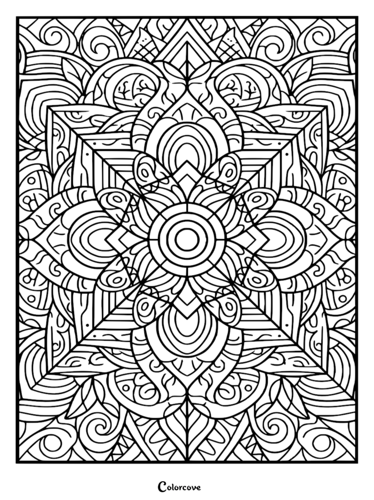 A complex geometric mandala coloring page featuring symmetrical swirls, concentric circles, and leaf-like motifs.