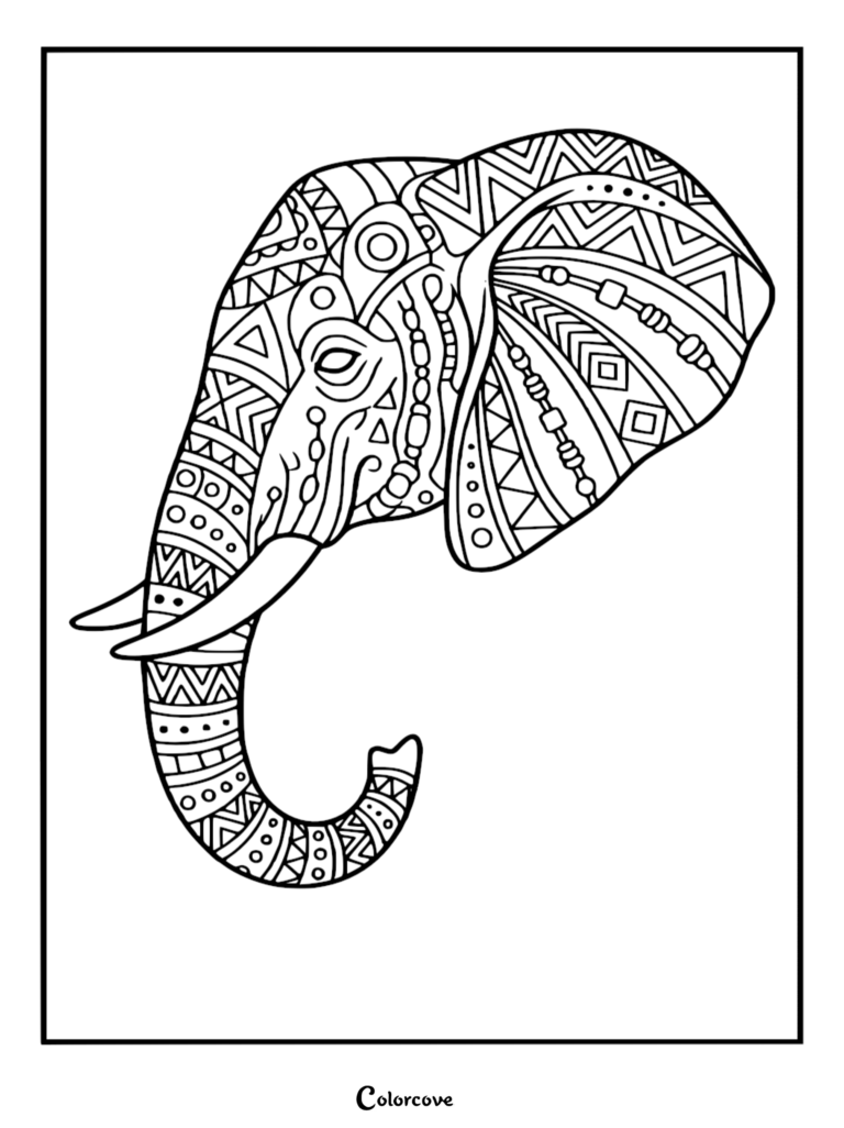 Intricate tribal pattern elephant head coloring page featuring geometric shapes, chevrons, and dots on a white background.