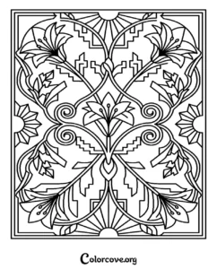 A printable Art Deco style floral pattern coloring page featuring symmetrical lilies and geometric staircase shapes for adults and kids.