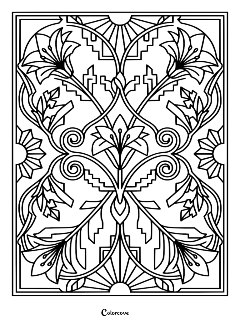 Art Deco style coloring page featuring symmetrical lilies, geometric step patterns, and sunburst motifs in a rectangular frame.
