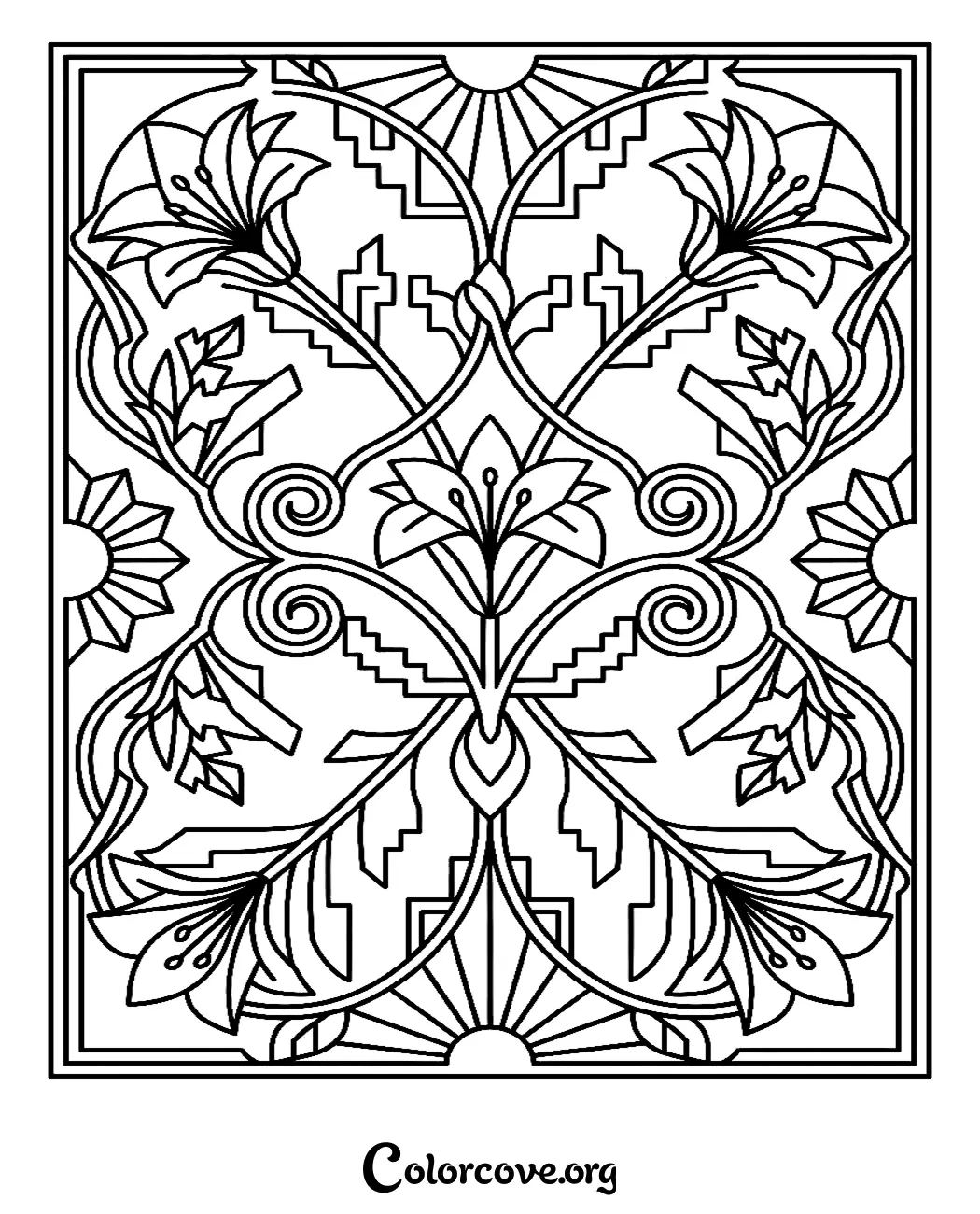 Unwind with this beautiful Art Deco-inspired floral pattern coloring page. Download and print this intricate, symmetrical design in seconds for a relaxing creative session.
