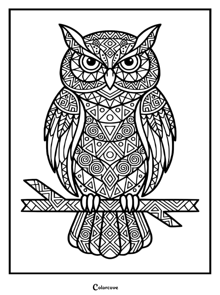 A detailed owl coloring page featuring complex geometric patterns, spirals, and triangles covering the bird's feathers while perched on a patterned branch.