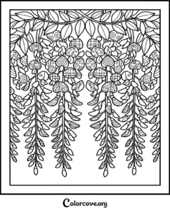 Intricate wisteria floral pattern coloring page for adults and kids featuring cascading flowers and decorative details.