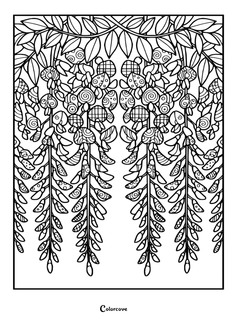 A detailed coloring page featuring symmetrical wisteria flowers with geometric patterns like spirals, grids, and dots on the petals.