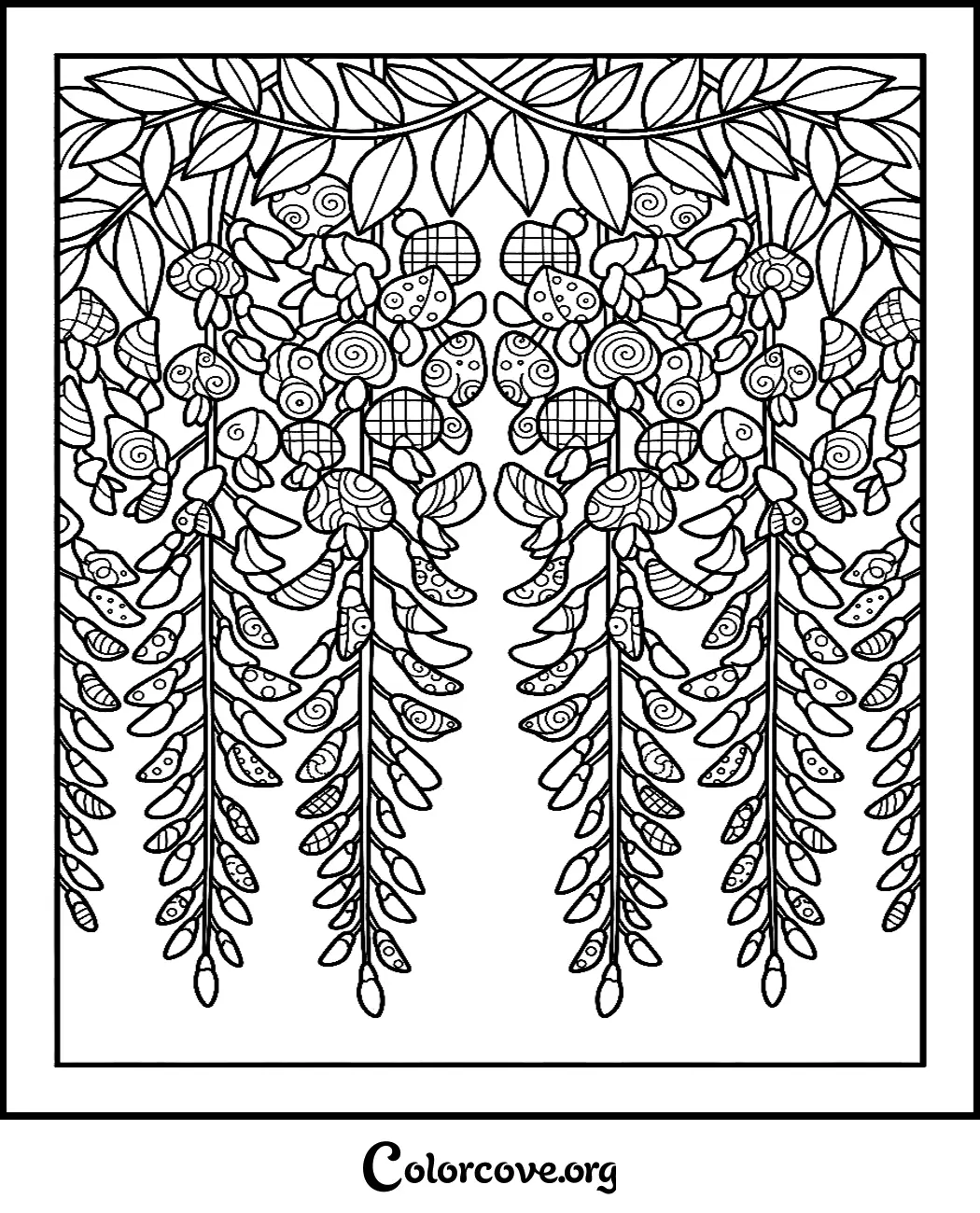 Unwind with this beautiful wisteria flower coloring page, featuring detailed botanical patterns perfect for relaxation. Print this intricate floral design in seconds and bring these cascading blossoms to life with your favorite colors.
