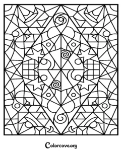 A complex geometric pattern coloring page featuring stars, circles, and abstract shapes, perfect for stress-relief and mindfulness art.
