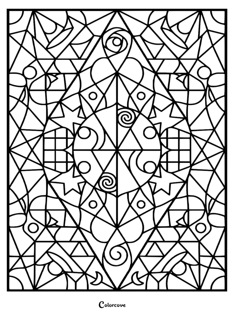 A complex geometric coloring page featuring a central diamond shape filled with stars, swirls, and grid patterns.