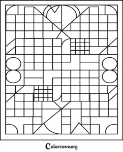 A complex geometric pattern coloring page for adults and kids featuring squares, circles, and abstract shapes to print and color.