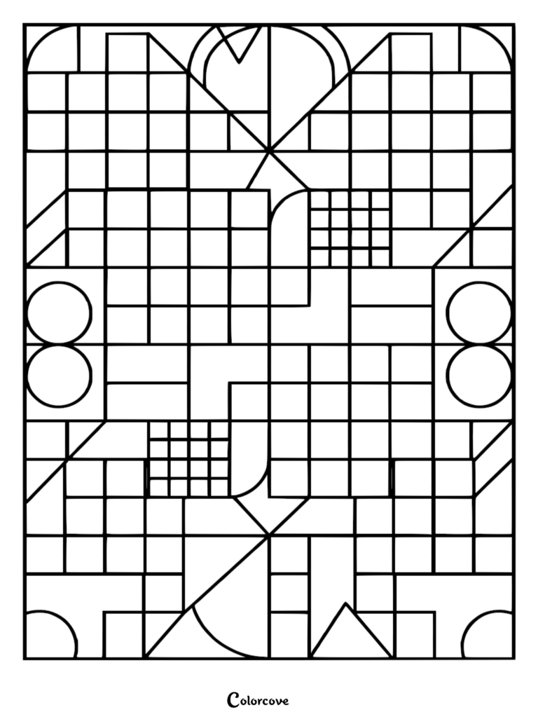 A geometric coloring page featuring a symmetrical grid of squares, circles, and diagonal lines.