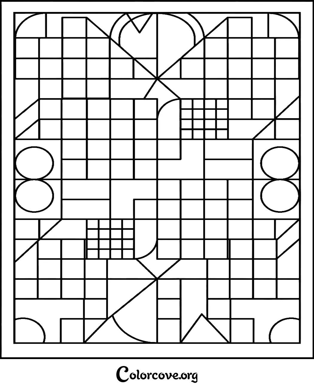 Unwind with this intricate geometric pattern coloring page featuring a variety of shapes and grids. Download and print this abstract design for free to enjoy a relaxing and creative coloring experience.