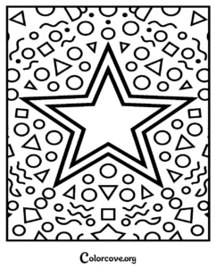 A printable coloring page featuring a large central star surrounded by geometric shapes and wavy lines pattern for kids and adults.