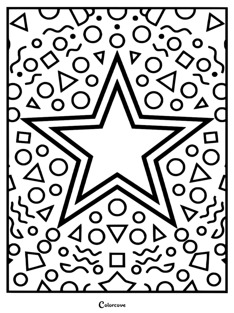 A printable coloring page featuring a large central star surrounded by a background of scattered circles, triangles, squares, and wavy lines.