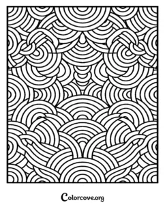 An intricate abstract coloring page featuring repeating wave and circular patterns for relaxation and stress relief.