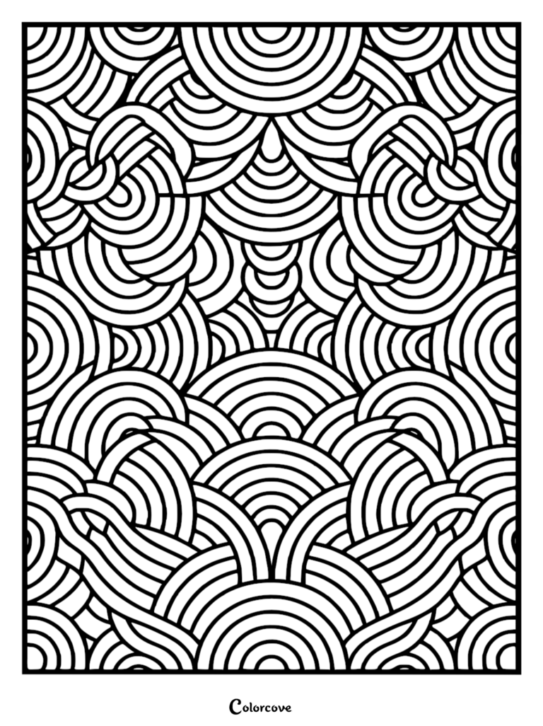 A printable coloring page featuring a repeating geometric pattern of overlapping concentric semicircles and flowing arc lines.
