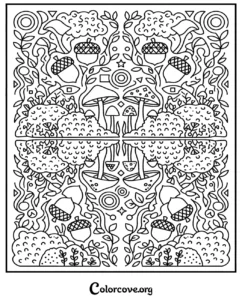 A detailed forest-themed pattern coloring page featuring mushrooms, acorns, and decorative foliage for adults and kids.