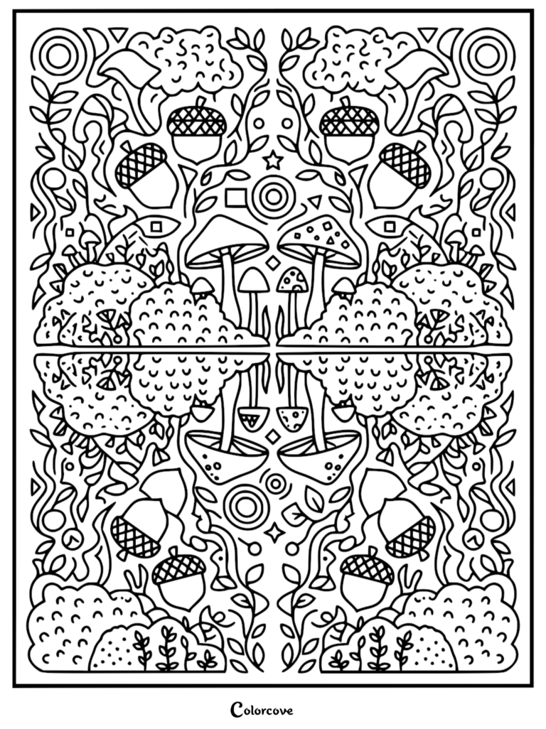 A symmetrical forest-themed coloring page featuring mirrored mushrooms, acorns, and leafy vines in a clean line art style.