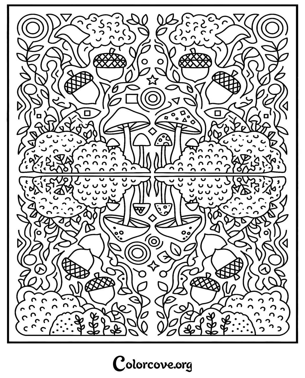 Immerse yourself in nature with this intricate forest pattern coloring page, perfect for mindful relaxation. Print this beautiful acorn and mushroom design in seconds for a fun, creative activity.