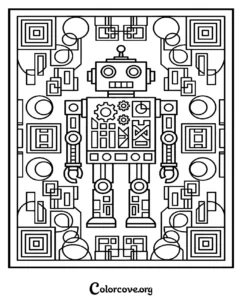 A detailed geometric robot coloring page for kids and adults, featuring intricate square and circular patterns surrounding a mechanical droid.
