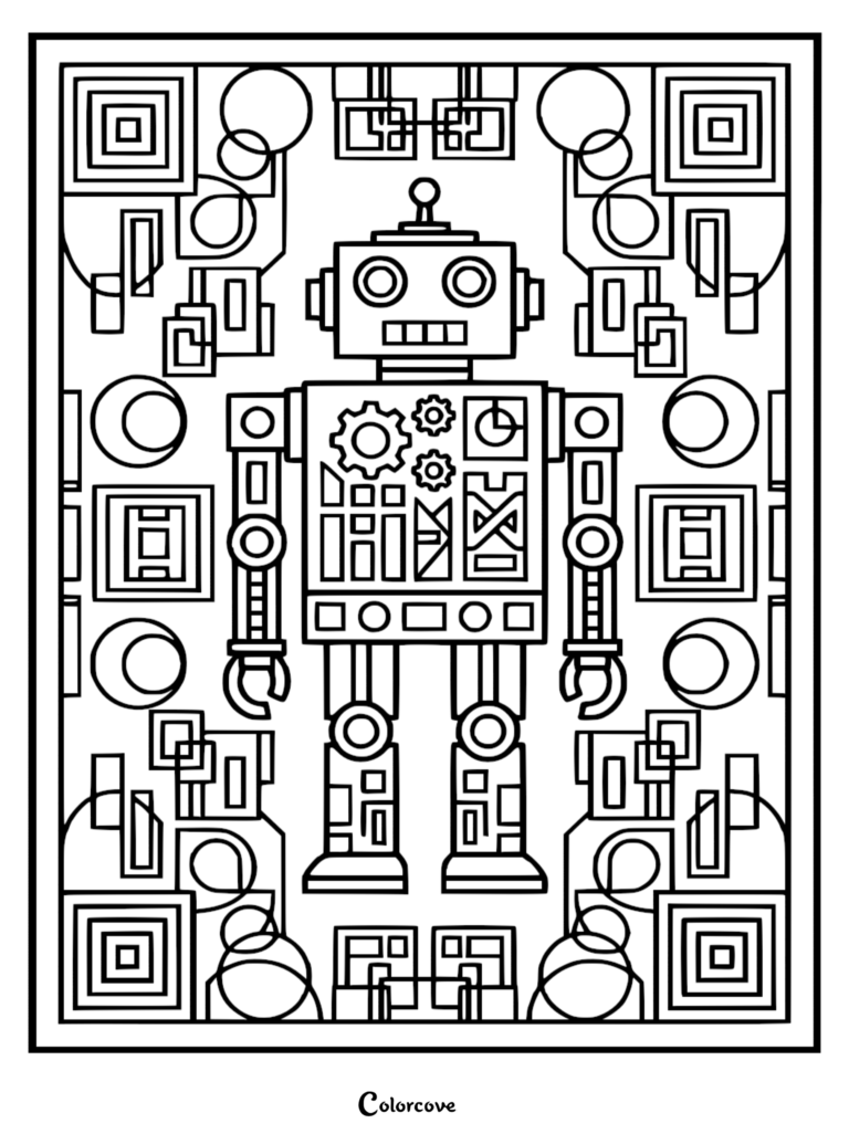 A printable coloring page featuring a central retro robot surrounded by a symmetrical pattern of squares, circles, and mechanical gears.