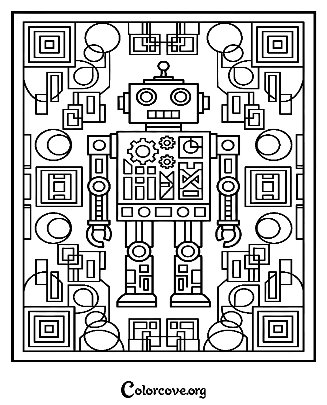 Unleash your creativity with this unique geometric robot coloring page. Featuring a cool robotic design embedded in a complex pattern, it is perfect for kids and adults to print and color today.