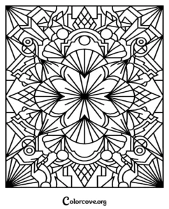 An intricate Art Deco style geometric pattern coloring page featuring symmetrical fan shapes and lines for adults and kids.