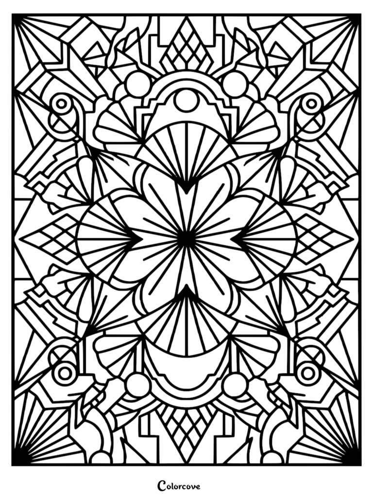 Art Deco style geometric coloring page featuring symmetrical fan shapes, radiating lines, and bold black outlines.