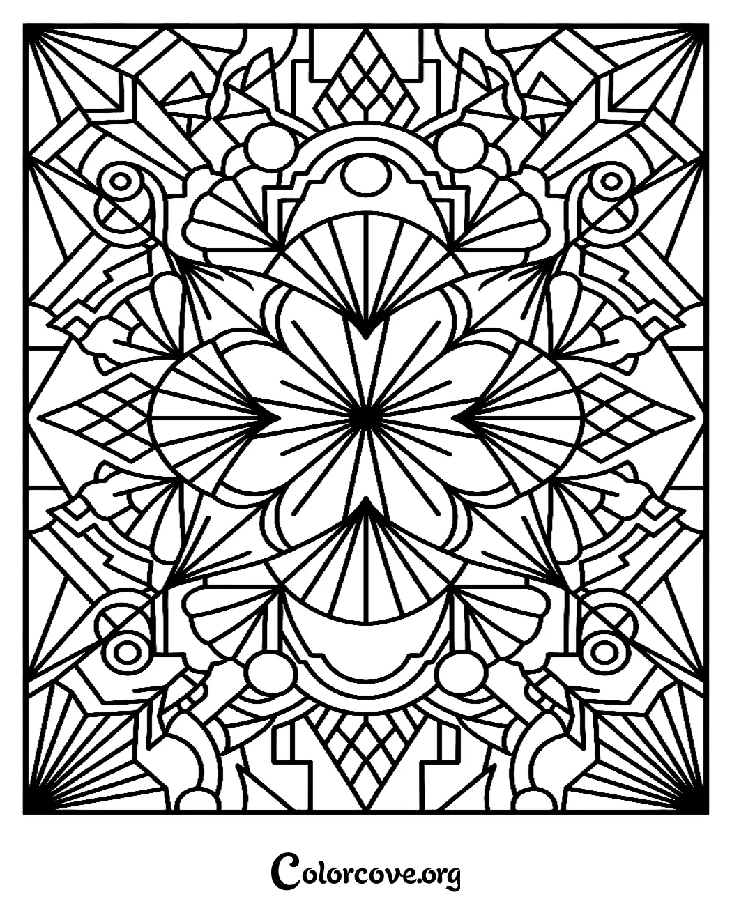 Unwind with this sophisticated Art Deco inspired pattern coloring page. Download and print this detailed geometric design for free to enjoy a relaxing and creative coloring experience.