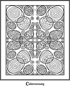 A complex abstract pattern coloring page featuring intricate circles, geometric shapes, and decorative swirls for adults and kids.