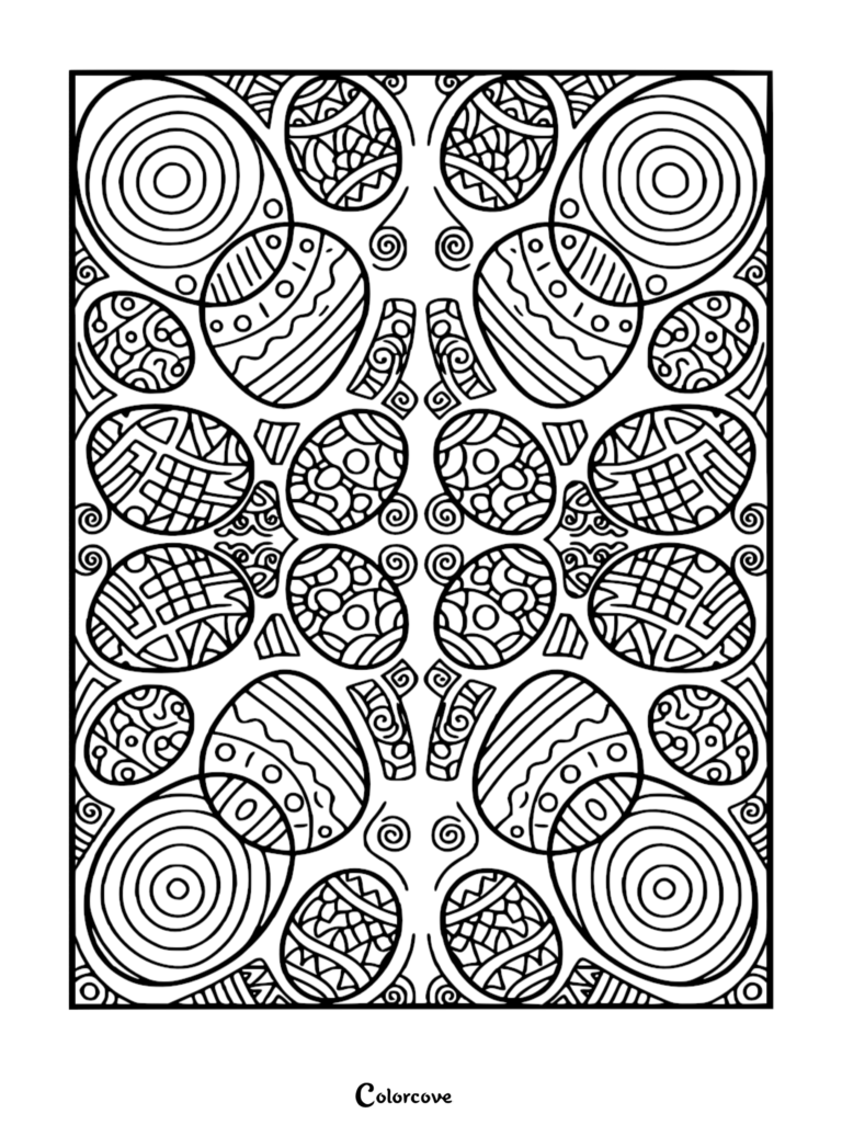 A symmetrical coloring page featuring intricate circular and oval shapes filled with varied geometric patterns, stripes, and swirls.