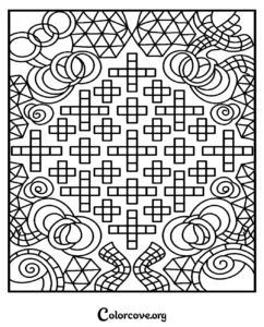 An intricate geometric pattern coloring page for adults featuring crosses, circles, and triangular shapes ready to print