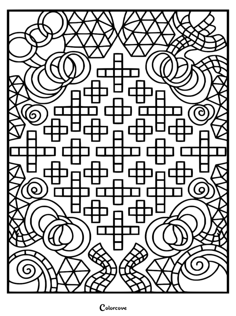 A complex geometric coloring page featuring a central grid of plus-sign shapes surrounded by interlocking circles, triangles, and swirling ribbon patterns.