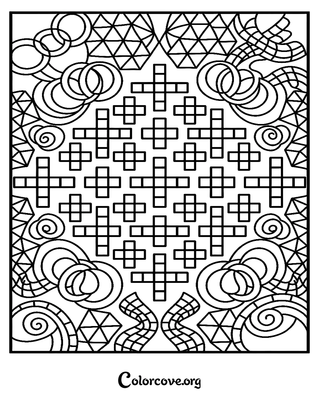 Unwind with this captivating geometric pattern coloring page designed for stress relief and creative focus. Download and print this complex abstract design in seconds to start your relaxing coloring journey.
