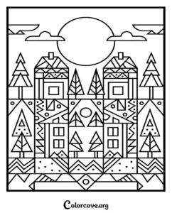 A printable geometric village pattern coloring page featuring stylized houses, pine trees, and a sun for kids and adults.