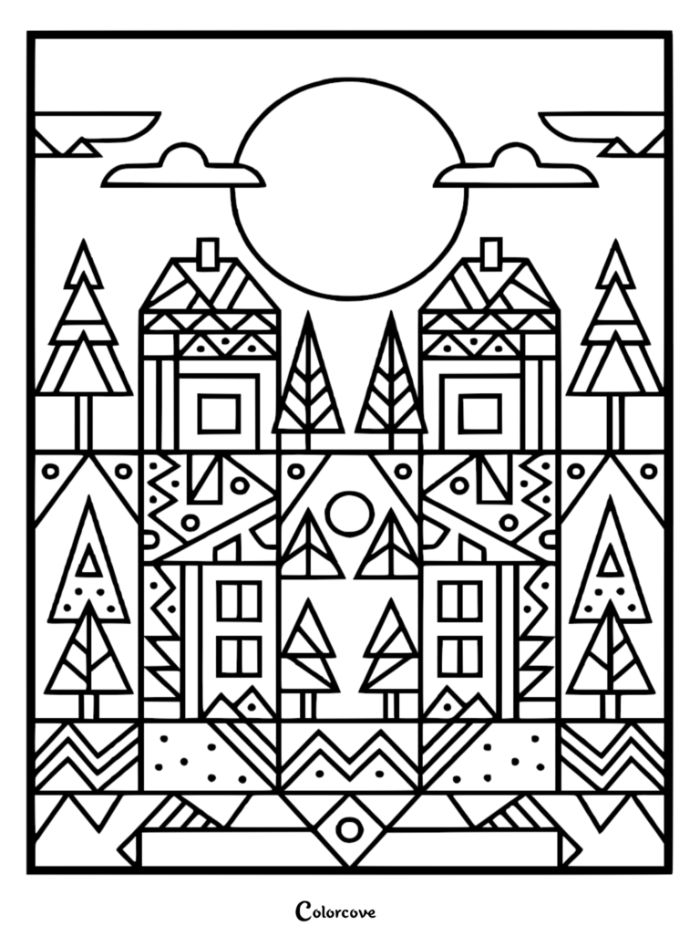 A geometric coloring page featuring stylized houses, pine trees, and a large sun under clouds, all composed of intricate line art patterns.
